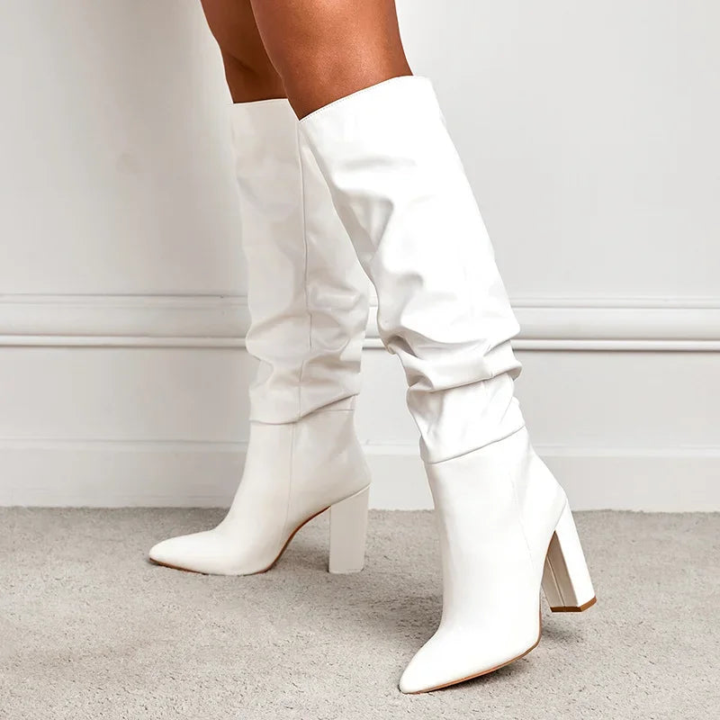 High-quality Leather/suede Pleated Knee-High Boots for Womens Sexy Pointed Toe 10CM Chunky Heels Knight Boots Winter New - Mammalook
