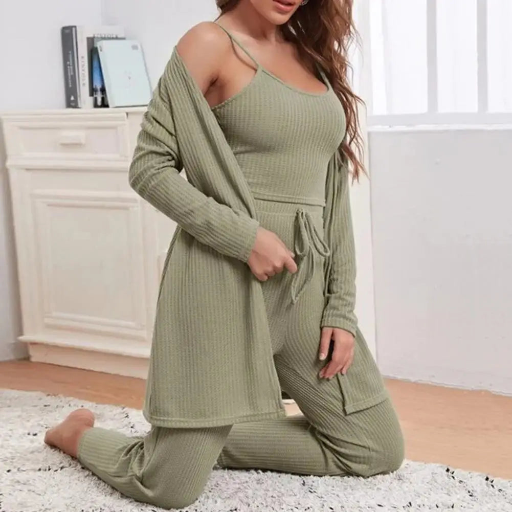 3-Piece Set - Sleeveless Tank Crop Top With Leg Waist Pants + Long Sleeve Cardigan Coat
