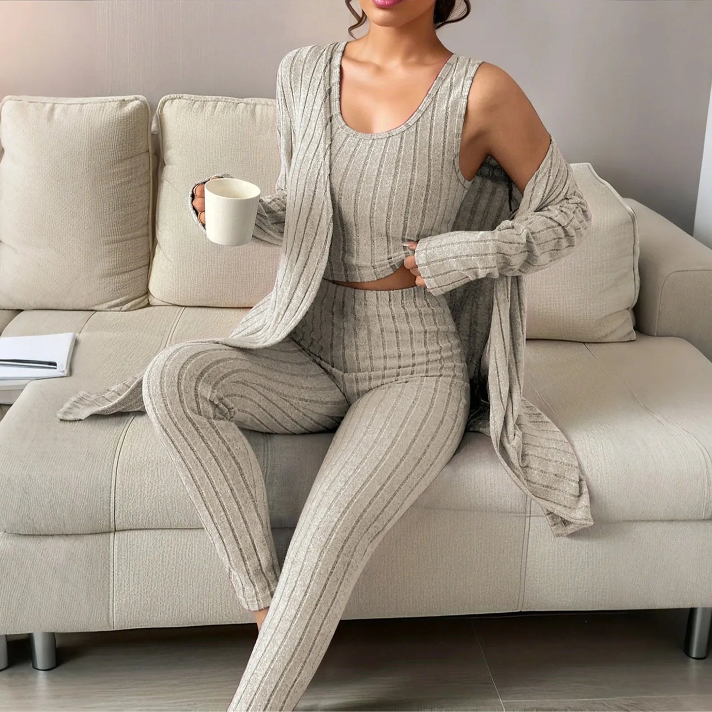 Three-Piece set - Solid Cardigan, Pant and Vest