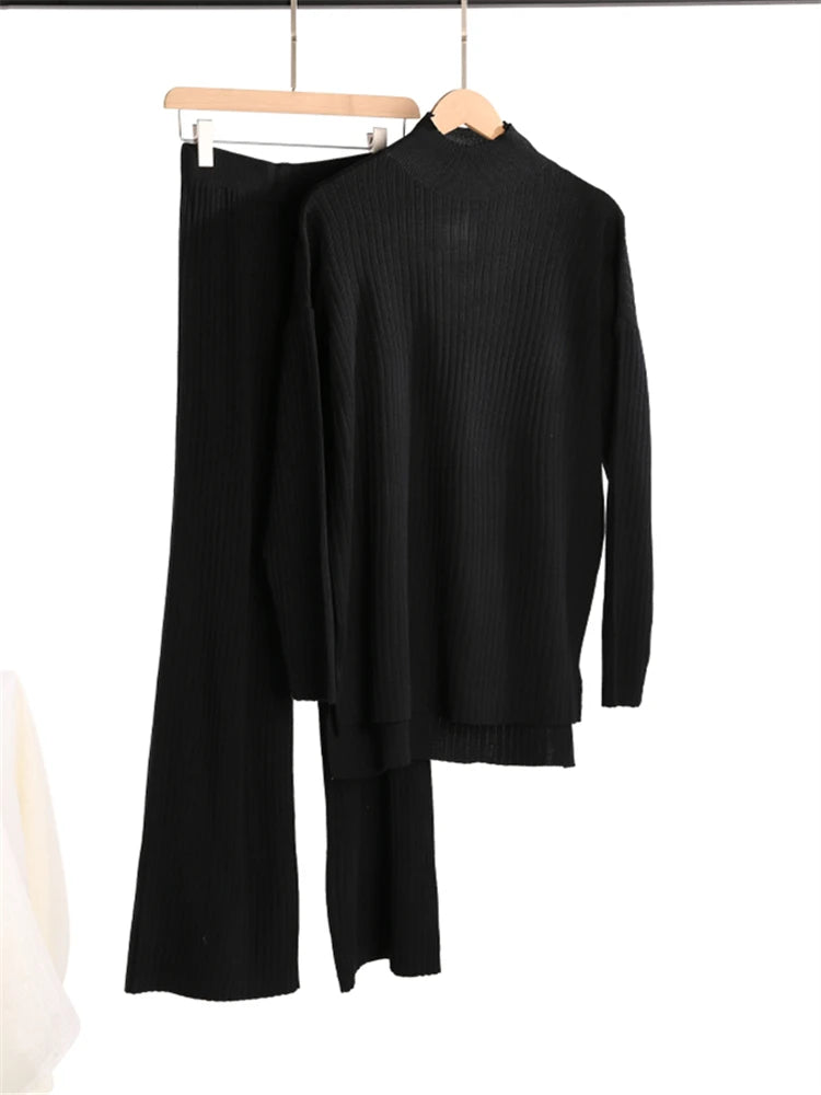 Two-Pieces Sets - Knitted Tracksuit Turtleneck Sweater and Straight Jogging Pants