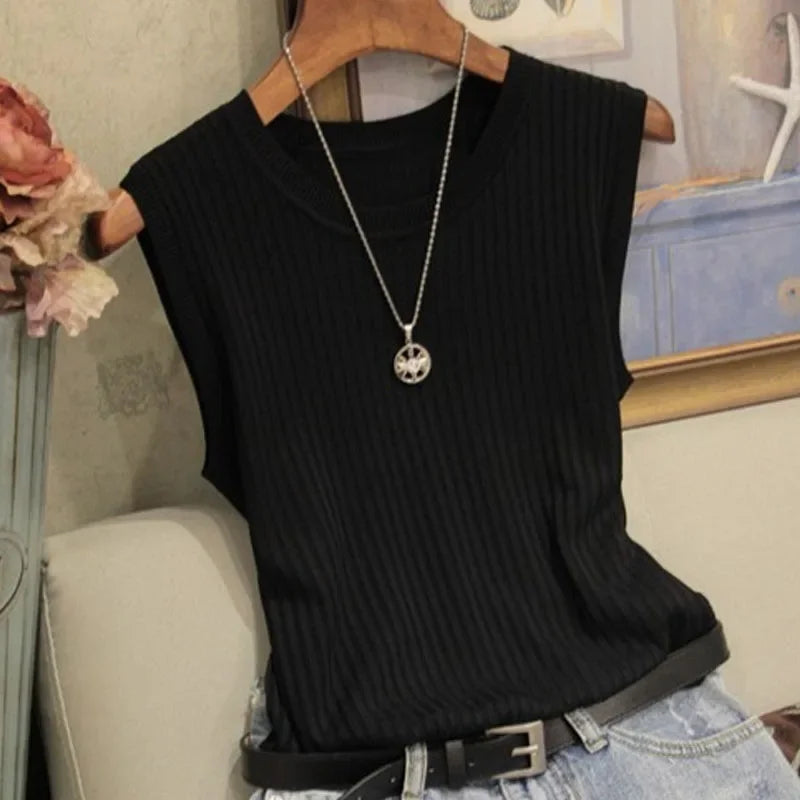 Knitted Vests Women Top O-neck Solid Tank Blusas Mujer De Moda Spring Summer New Fashion Female Sleeveless Casual Thin Tops 4588 - Mammalook