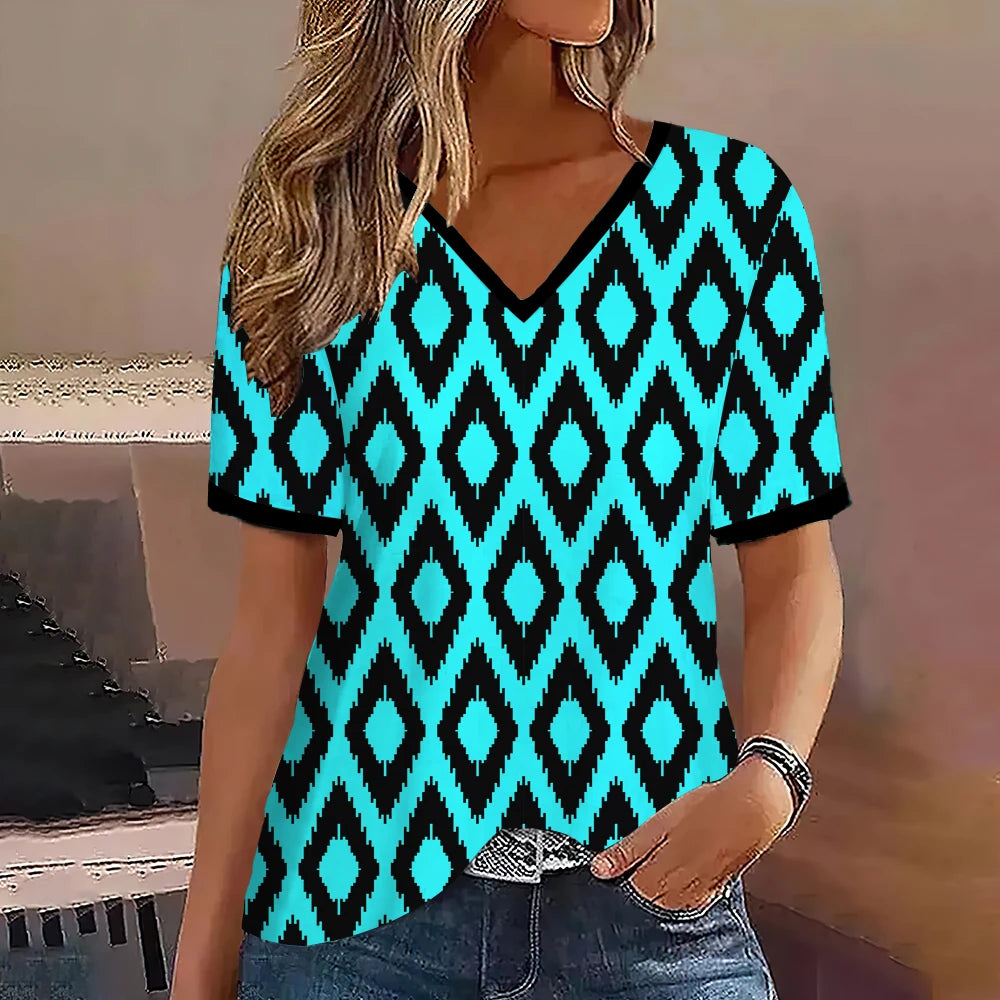 Fashion Women T Shirt Stripes Print Gradient V Neck Short Sleeve Basic Tops Streetwear Summer Oversized Clothing Female T-Shirts - Mammalook