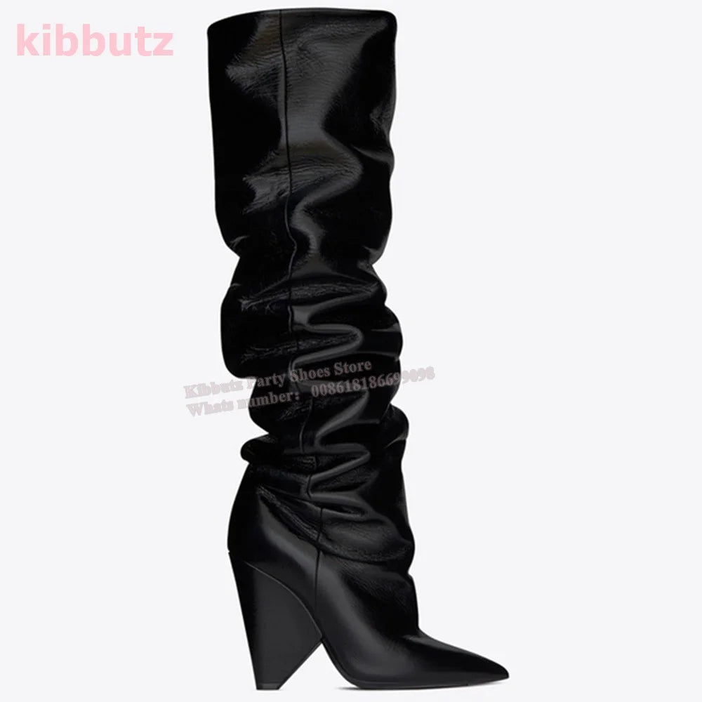 Over The Knee Boots Genuine Leather Pleated Solid Color Brown Pointed Toe Kitten Heel Fashion Sexy Elegant Women Shoes Newest - Mammalook