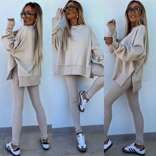 Two-Piece Tracksuit: Solid Loose Sweatshirt with Split Pullover and Pencil Pants