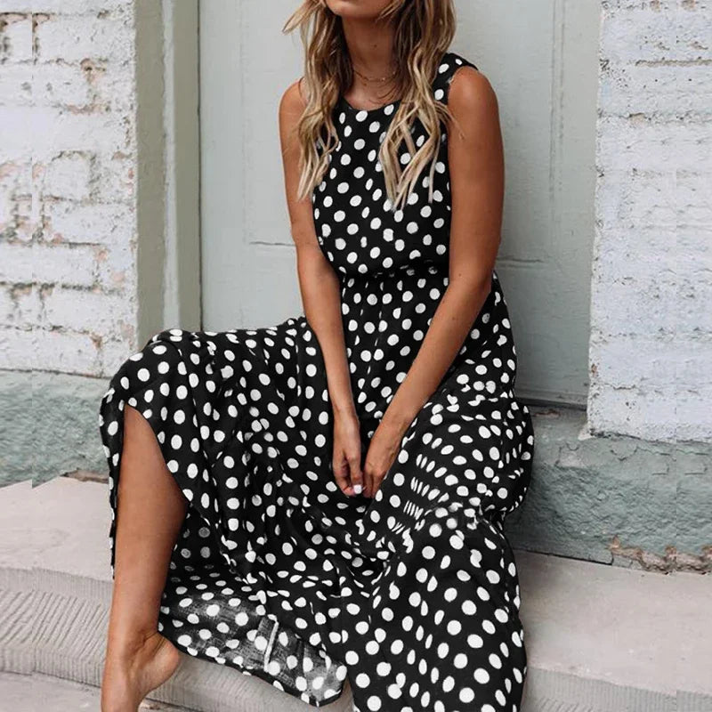 Polka Dot Midi Dress – Sleeveless Boho A-Line Summer Style