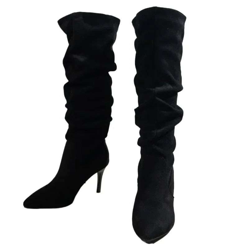 2024 Plus Size Shoes Ladies Knee-High Women's Boots Slip on Modern Boots Women Pleated Pointed Toe High Thin Heels Women's Shoes - Mammalook