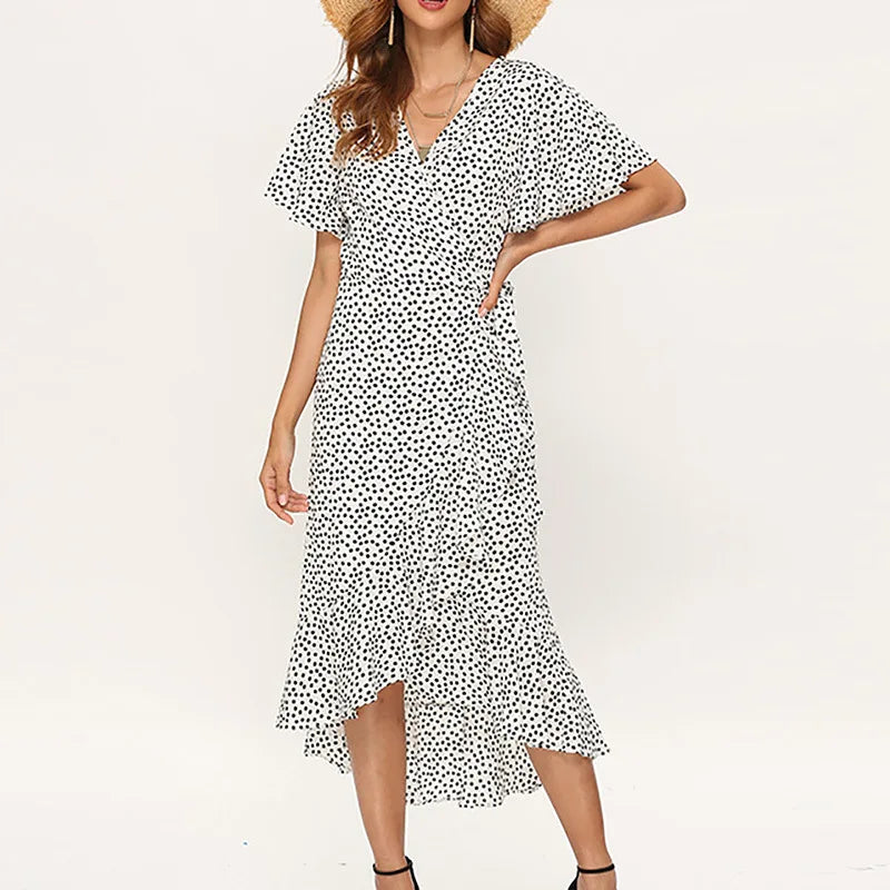 Women Summer Dresses Bohemian Sexy V-Neck Irregular High Waist Lace-up Chiffon Print Dress Casual Beach Long Dress - Mammalook