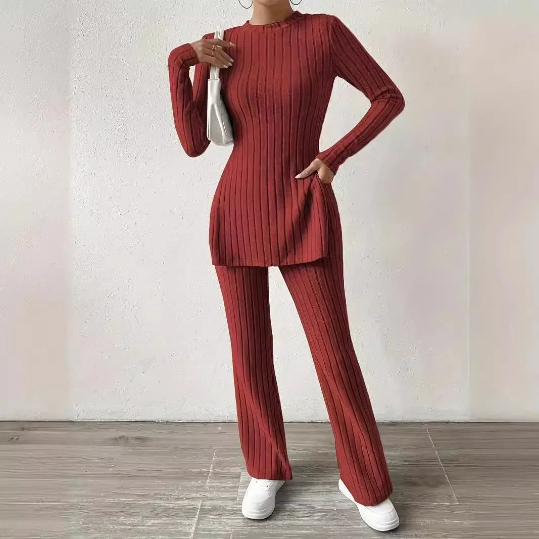 Ribbed Knit Loungewear Set – Long Sleeve Top & Trousers