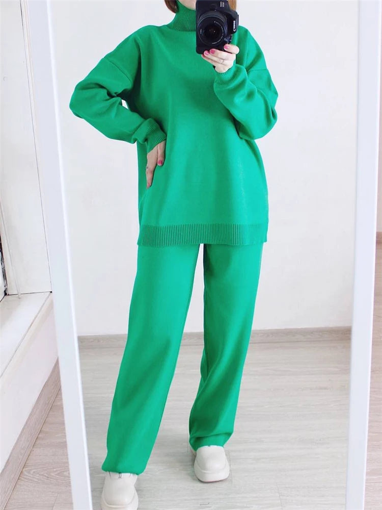 Two-Pieces Sets - Knitted Tracksuit Turtleneck Sweater and Straight Jogging Pants