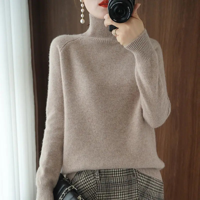 Turtleneck Pullover Fall/winter 2024 Cashmere Sweater Women Pure Color Casual Long-sleeved Loose Pullover Bottoming Women's - Mammalook