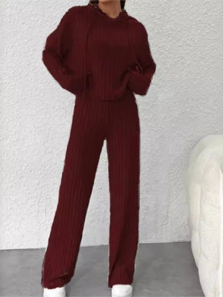 Two-piece Set - Casual Knitted Striped Hooded Sweatshirt Loose Long Sleeved, Long Pants