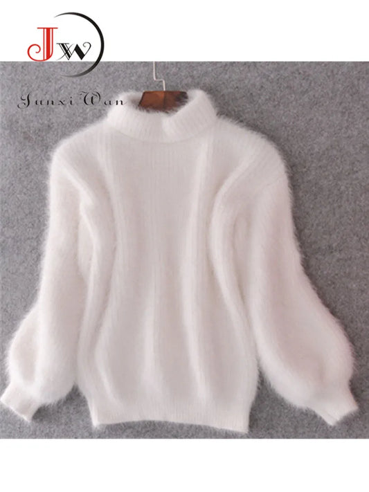 White Mohair Thicken Turtleneck Sweater Autumn Winter Sweet Fashion Lantern Sleeve Casual Solid Color Pullover pull femme - Mammalook