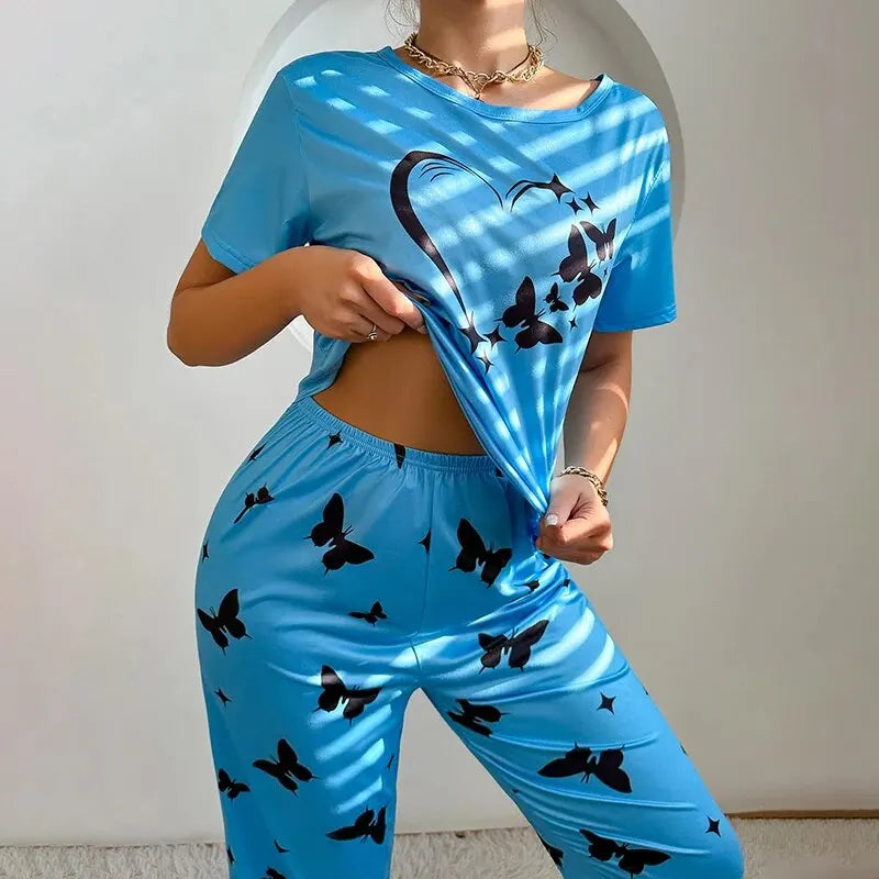 Pajamas Sets - Short Sleeve Tops With Pants Set Butterfly Printing