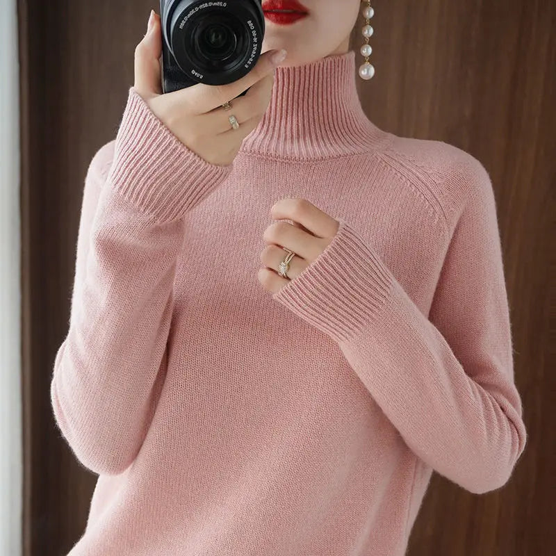 Turtleneck Pullover Fall/winter 2024 Cashmere Sweater Women Pure Color Casual Long-sleeved Loose Pullover Bottoming Women's - Mammalook