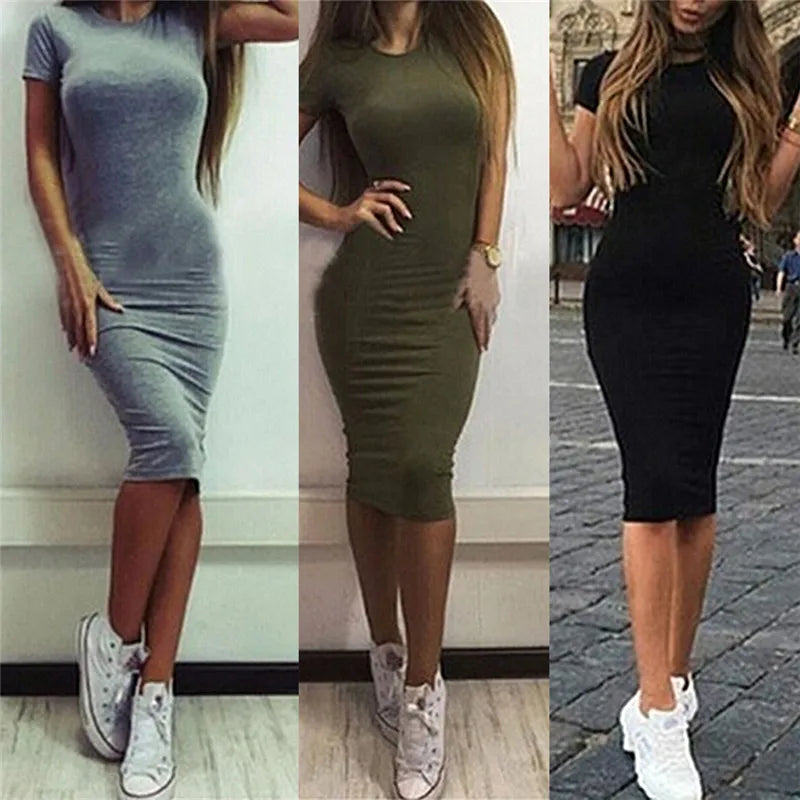 Summer Dresses Women Knee-Length Skinny Office Dress Short Sleeve Bandage Bodycon Beach Dress Vestidos Robes 3 Colors S-XL - Mammalook