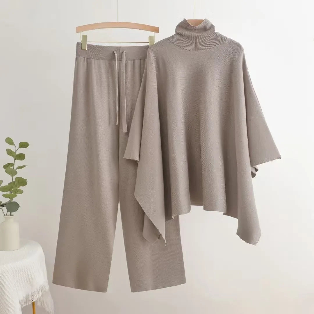 Elegant New Knitted 2 Piece Sets Women Turtleneck Long Sleeve Knitwears Sweater Conjuntos Casual High Waist Sweatpants Outfit - Mammalook