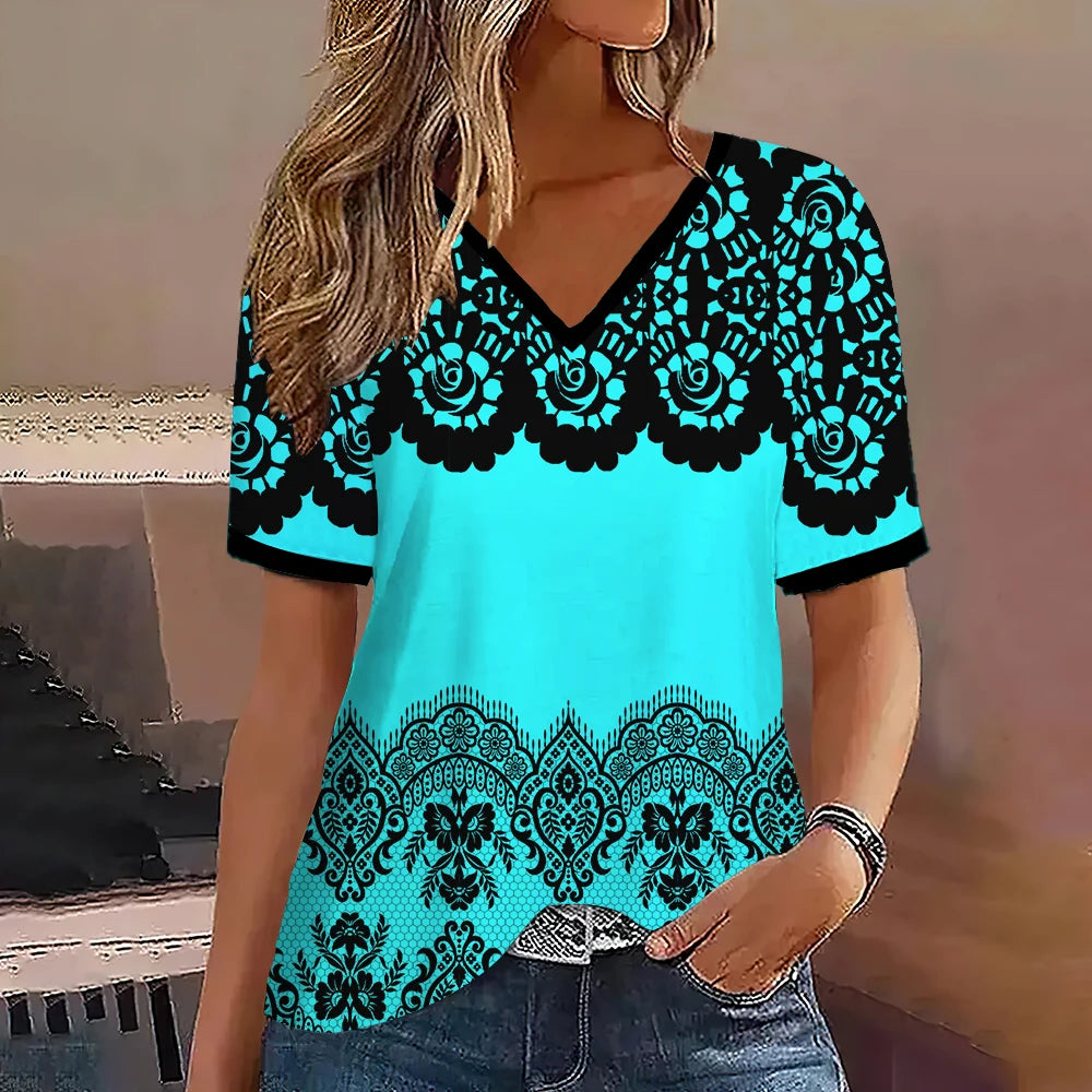 Fashion Women T Shirt Stripes Print Gradient V Neck Short Sleeve Basic Tops Streetwear Summer Oversized Clothing Female T-Shirts - Mammalook