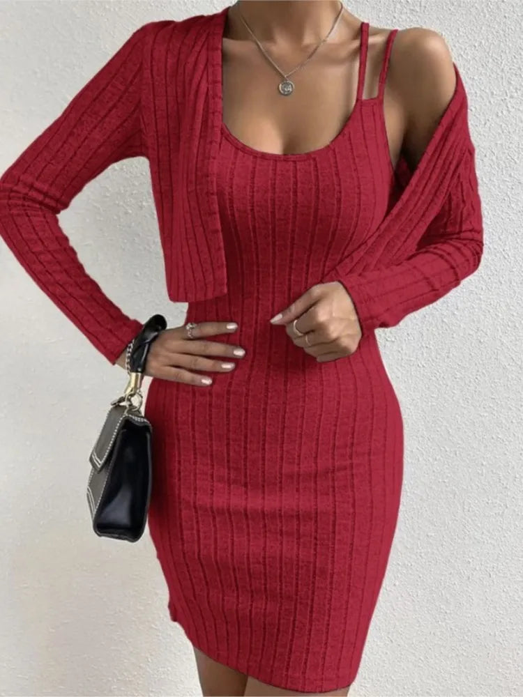 2-Piece Mini Dress Set – Double Strap Bodycon Vest & Long Sleeve Cardigan