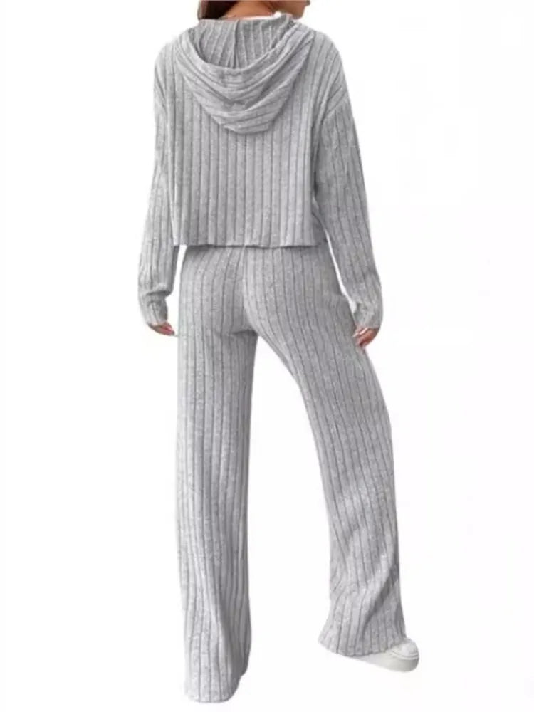 Two-piece Set - Casual Knitted Striped Hooded Sweatshirt Loose Long Sleeved, Long Pants