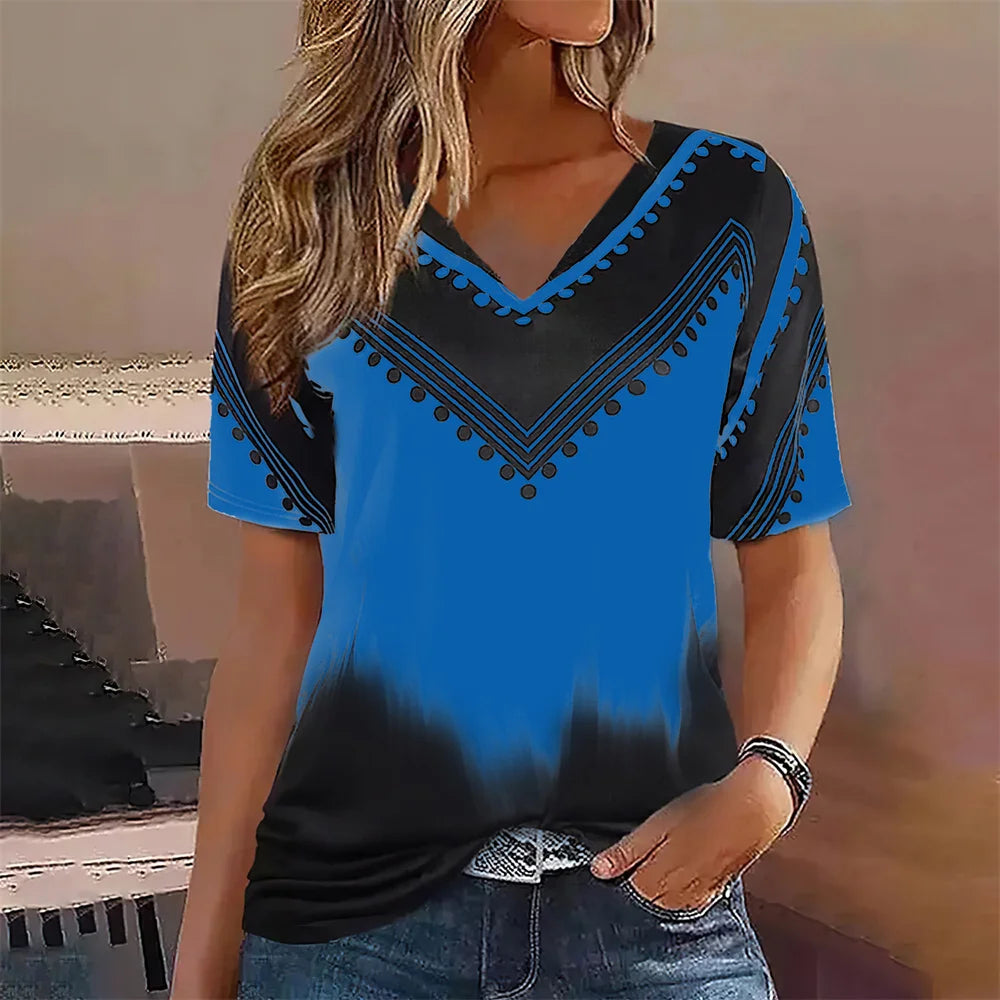 Fashion Women T Shirt Stripes Print Gradient V Neck Short Sleeve Basic Tops Streetwear Summer Oversized Clothing Female T-Shirts - Mammalook