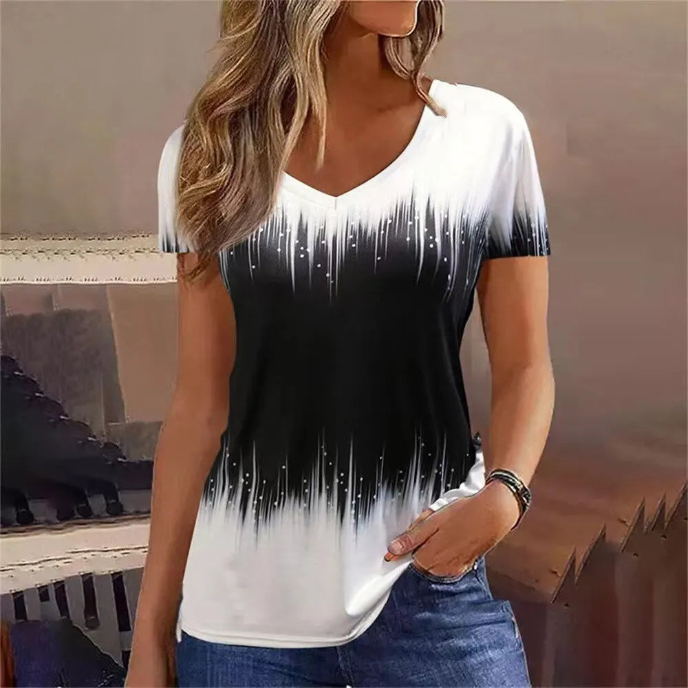 Fashion Women T Shirt Stripes Print Gradient V Neck Short Sleeve Basic Tops Streetwear Summer Oversized Clothing Female T-Shirts - Mammalook