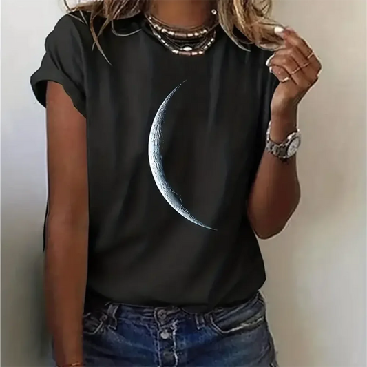 Plus Size Casual T-shirt Women's Plus Moon Print Short Sleeve Round Neck Slight Stretch T-shirt - Mammalook