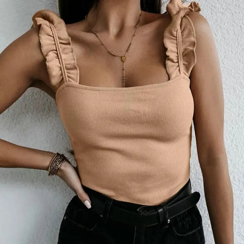 Tank Tops - Square Collar Ribbed Slim Ruffles