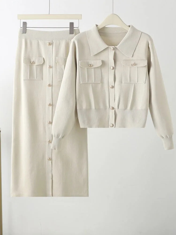2-Piece Knit Set: Lapel Cropped Knitwear Pullover Top with Wrap-Style Ankle-Length Skirt Tracksuit