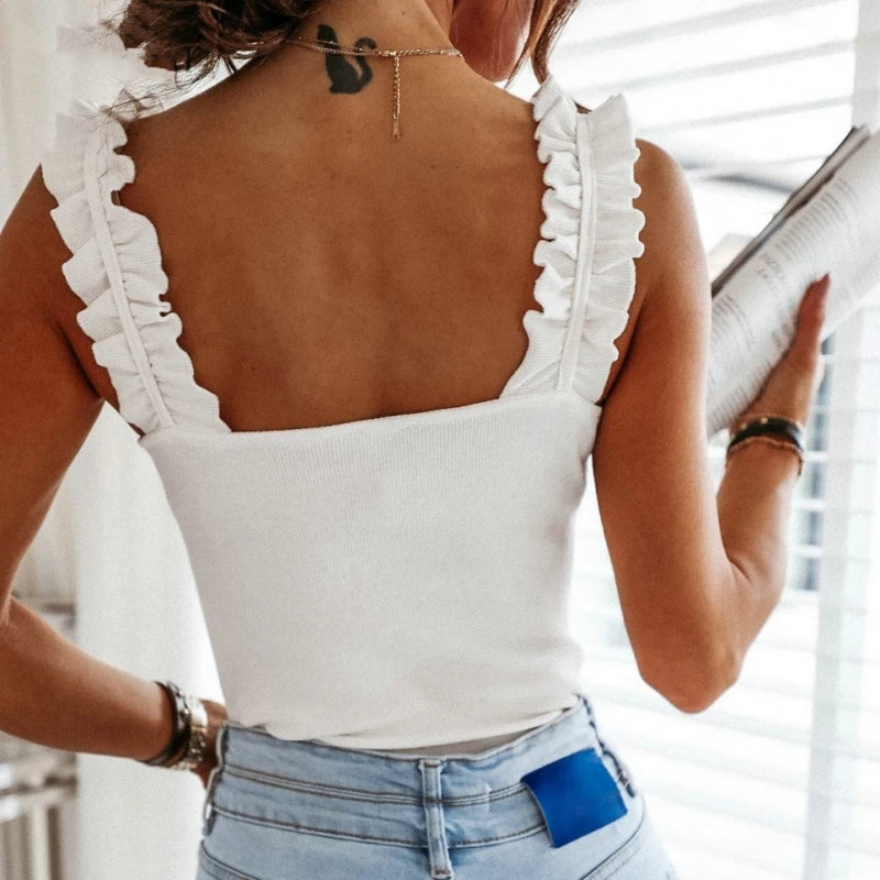 Tank Tops - Square Collar Ribbed Slim Ruffles