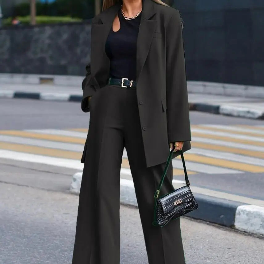 Solid Turn-Down Collar Coat & Wide Leg Trousers