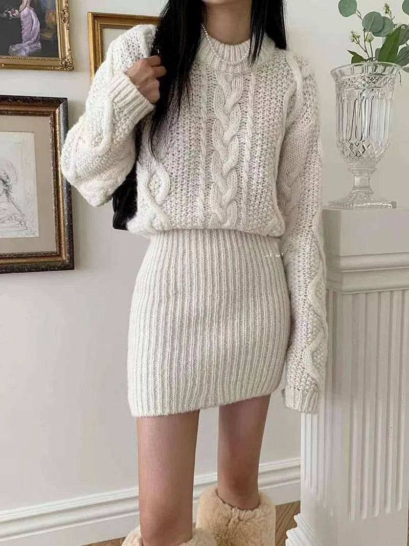 Bodycon Knit Dress Chunky Cable-knit Long Sleeve Ribbed Mini Sweater Dress Women Autumn Winter Outfit - Mammalook