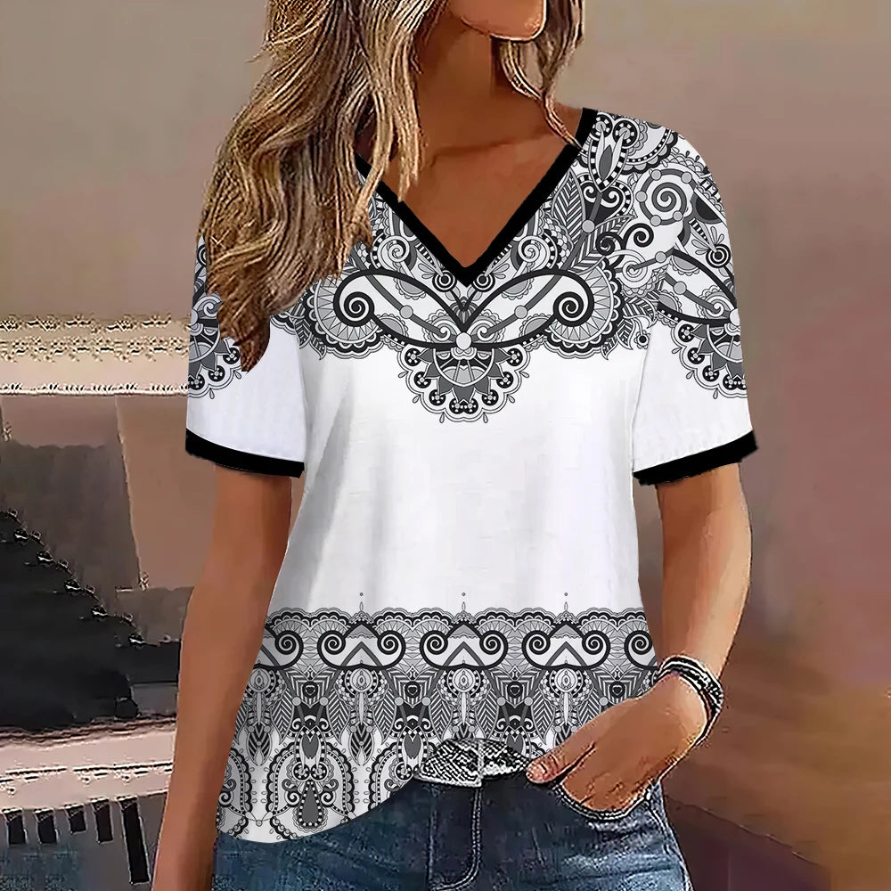 Fashion Women T Shirt Stripes Print Gradient V Neck Short Sleeve Basic Tops Streetwear Summer Oversized Clothing Female T-Shirts - Mammalook