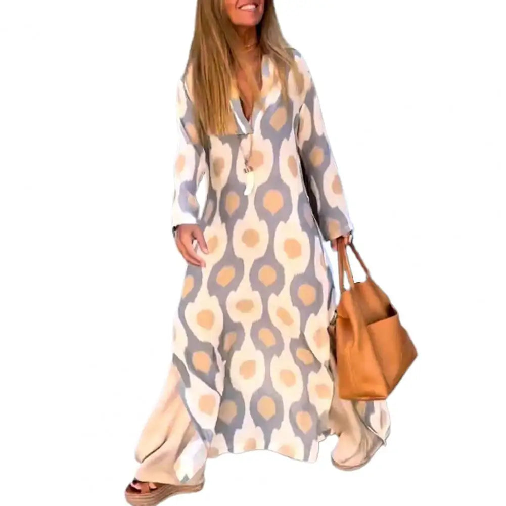 Women Maxi Dress Printing V-neck Beach Dress Hem Slit Contrast Color Maxi Dress Long Sleeves Lady Summer Dress Female Clothes - Mammalook