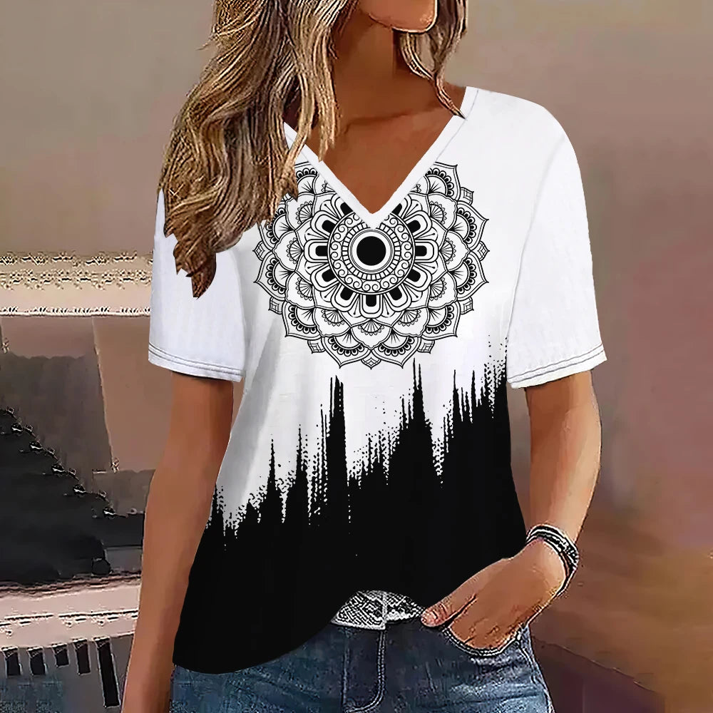 Fashion Women T Shirt Stripes Print Gradient V Neck Short Sleeve Basic Tops Streetwear Summer Oversized Clothing Female T-Shirts - Mammalook