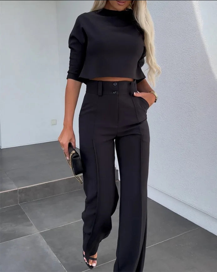 Two-Piece High Neck Top & Flared Trousers Set