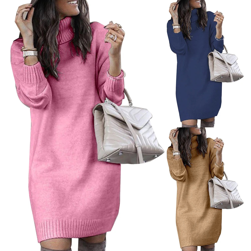 Women's Turtleneck Knitted Sweater Dress – Loose Fit Knee-Length Winter Pullover