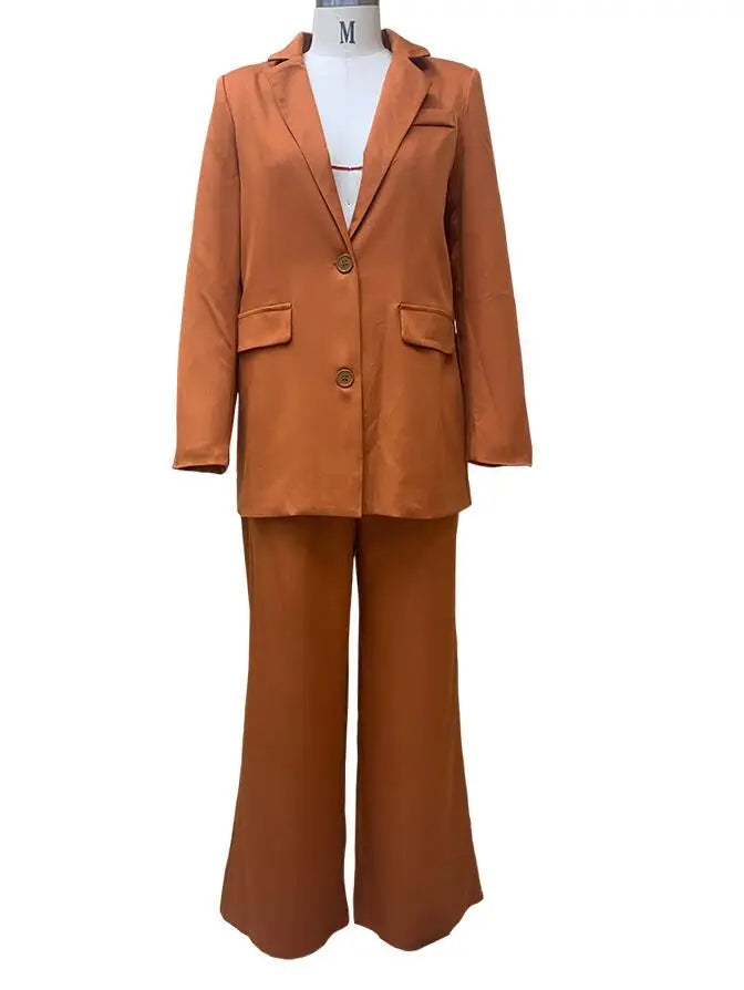 Solid Turn-Down Collar Coat & Wide Leg Trousers