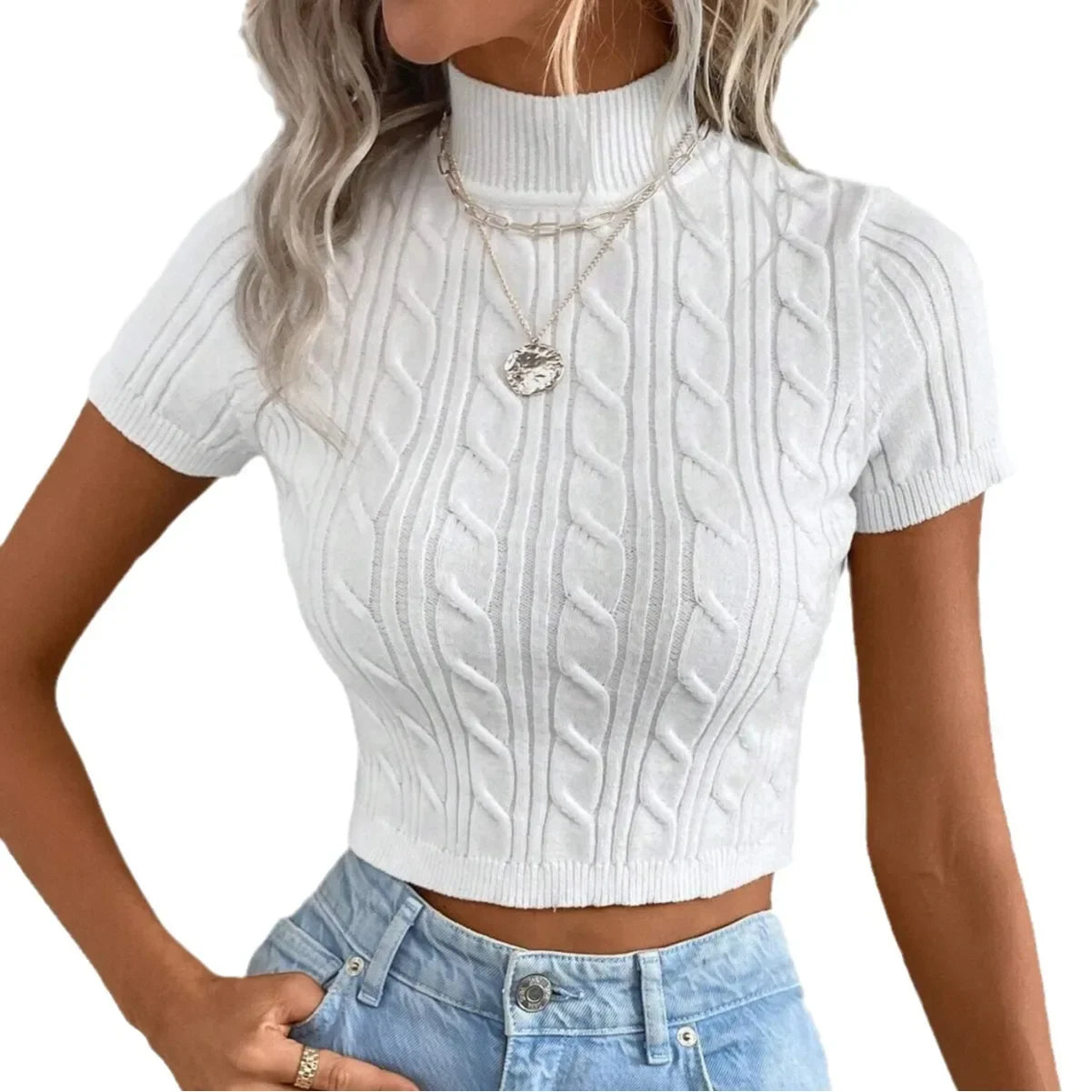 Knitted Polo Half Sweater - Cropped Slim Fit Turtleneck Short Sleeve
