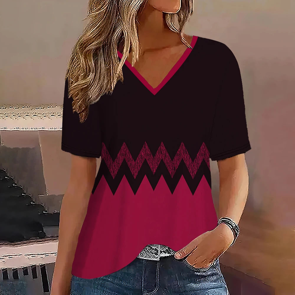 Fashion Women T Shirt Stripes Print Gradient V Neck Short Sleeve Basic Tops Streetwear Summer Oversized Clothing Female T-Shirts - Mammalook