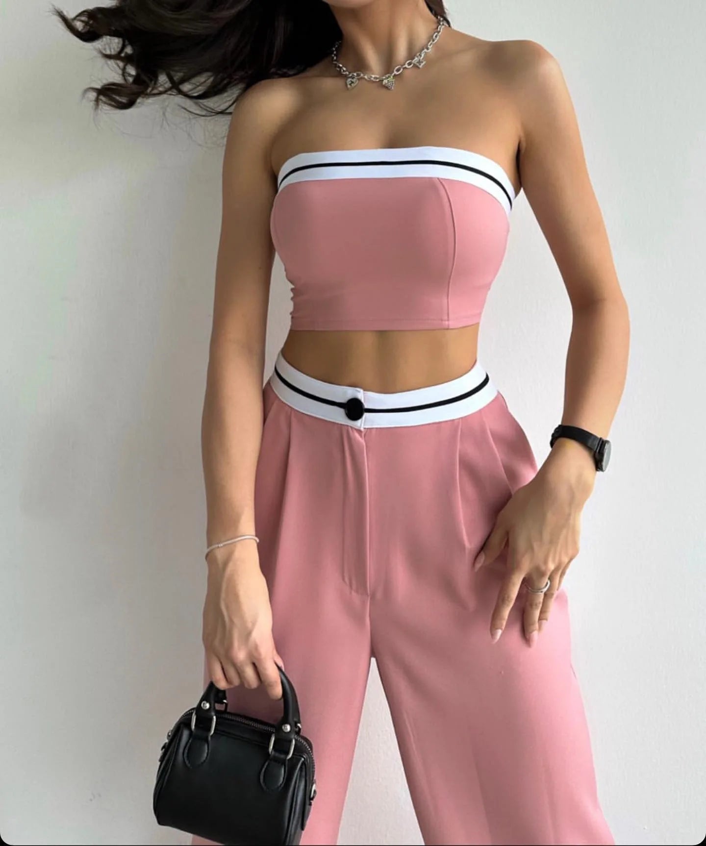 Two-Piece Solid Color Sleeveless Vest - Bra, Buttoned Pants Set