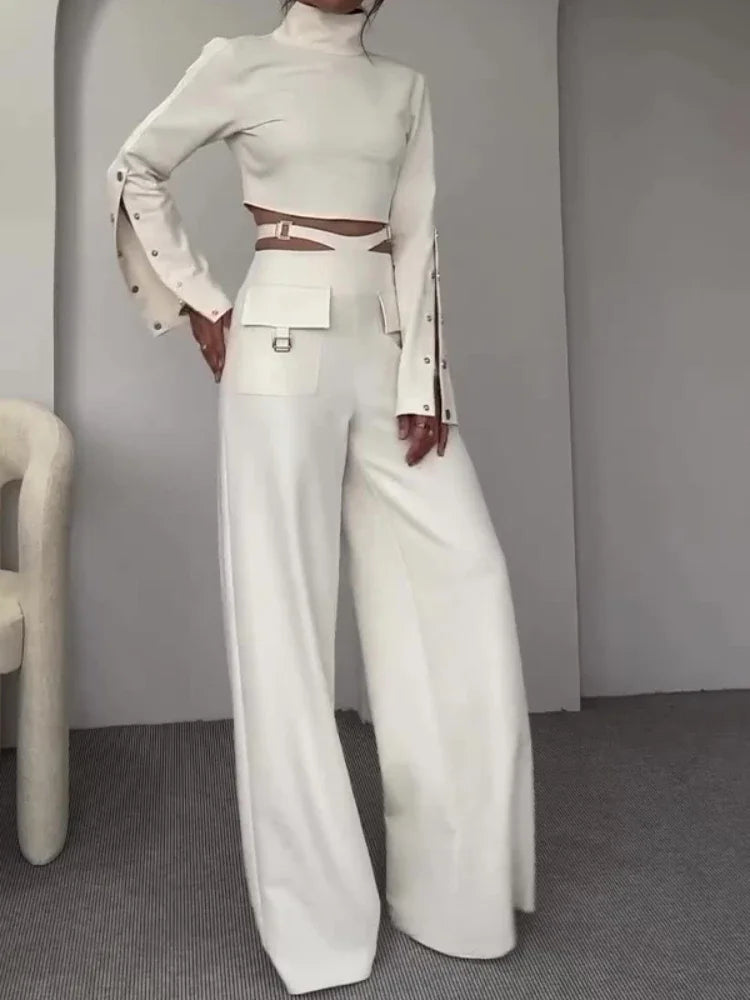 Two-Piece Sets - Turtleneck Full Sleeve Tops, Wide Leg Long Pants Loose