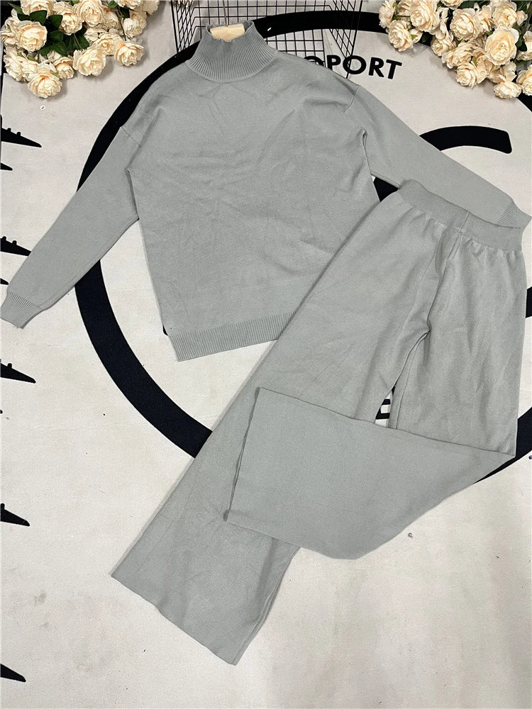 Two-Pieces Sets - Knitted Tracksuit Turtleneck Sweater and Straight Jogging Pants