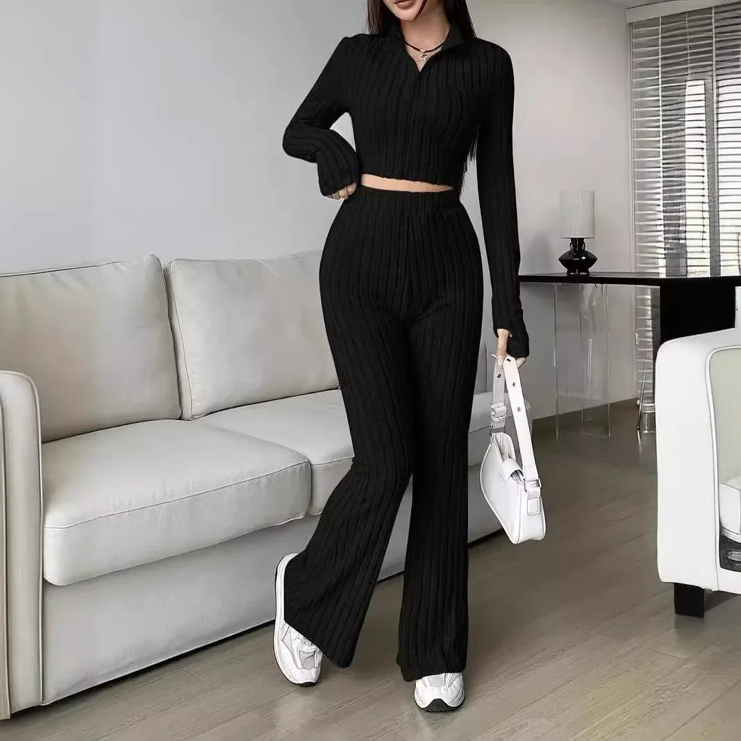 2-Piece Set: Zipper Long Sleeve Cropped Top and High-Waisted Bell-Bottom Pants