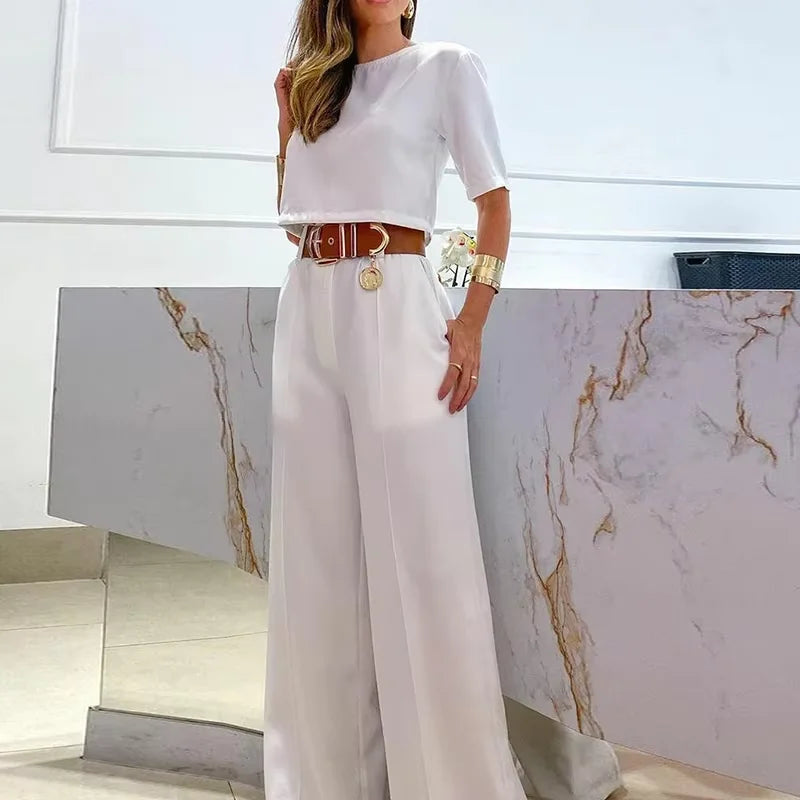 2-Piece Set: Wide-Leg Pants and Short-Sleeve Blouse