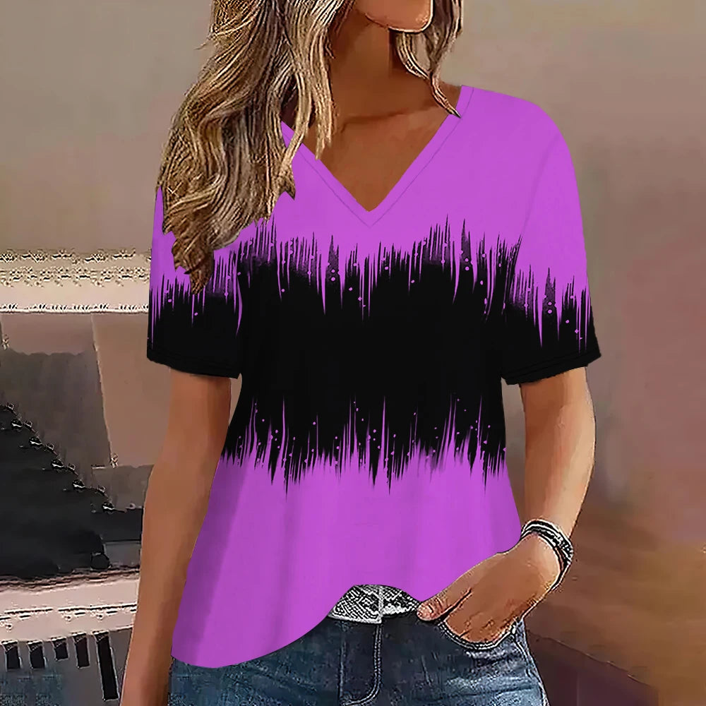 Fashion Women T Shirt Stripes Print Gradient V Neck Short Sleeve Basic Tops Streetwear Summer Oversized Clothing Female T-Shirts - Mammalook