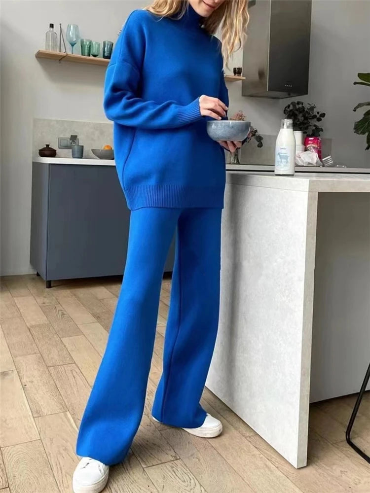 Two-Pieces Sets - Knitted Tracksuit Turtleneck Sweater and Straight Jogging Pants