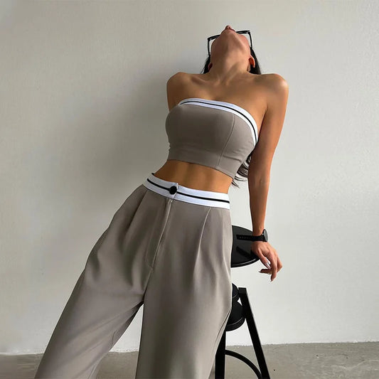 Two-Piece Solid Color Sleeveless Vest - Bra, Buttoned Pants Set