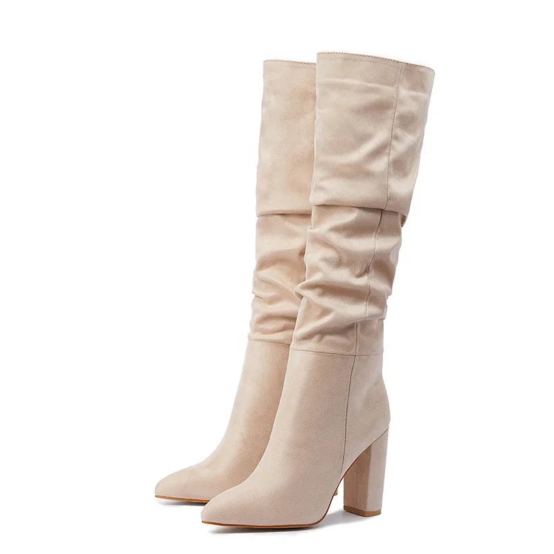 High-quality Leather/suede Pleated Knee-High Boots for Womens Sexy Pointed Toe 10CM Chunky Heels Knight Boots Winter New - Mammalook