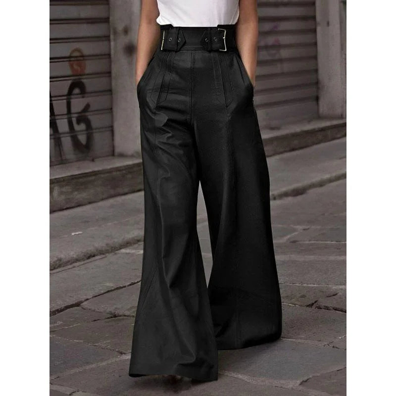 High-Waisted Faux PU Wide-Leg Pants: Loose Trousers with Pockets