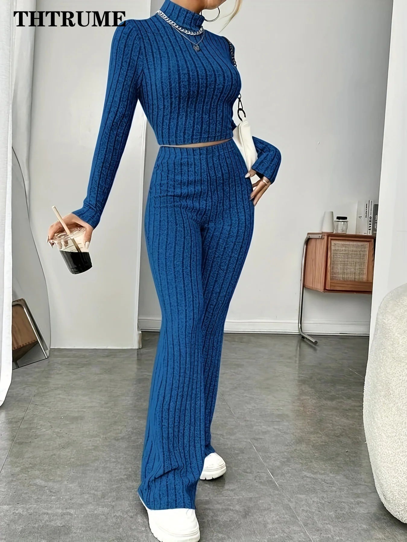 Two Piece Set - Round Neck Tops Loose Pants